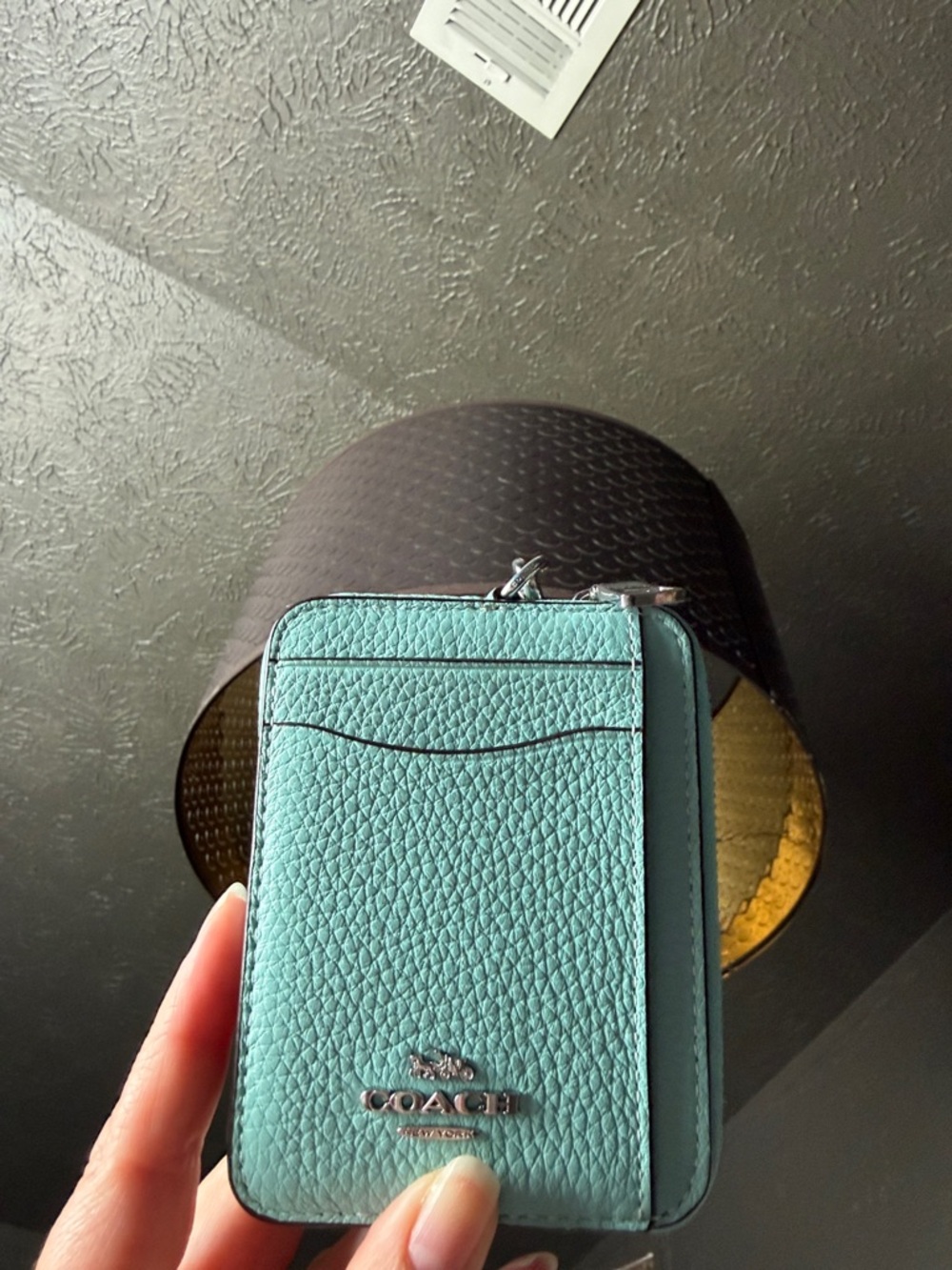 Coach Teal Pebbled Leather Card Zip Wallet